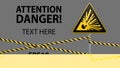 Caution - danger Warning sign safety. Explosive substances. yellow triangle with black image. sign on the pole and protecting ribb Royalty Free Stock Photo