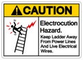 Caution Electrocution Hazard Keep Ladder Away From Power Lines And Live Electrical Wires Symbol Sign,Vector Illustration, Isolated