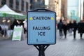 Caution Falling Ice Sign along a Midtown Manhattan Sidewalk next to Skyscrapers