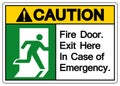 Caution Fire Door Exit Here In Case Of Emergency Symbol Sign, Vector Illustration, Isolate On White Background Label. EPS10 Royalty Free Stock Photo