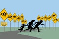 Caution illegal alien crossing traffic signs are seen as a silhouetted family crosses the roadway.