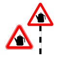 Caution kettle on the road. Silhouette logo sign illustration. Humor. Kettle road sign in red triangle