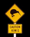 Caution kiwis New Zealand iconic road sign on black background