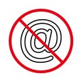 Caution No Allowed E-mail Spamming. Prohibited At Sign. Ban Email Spam Black Line Icon. Mail Address Red Stop Outline