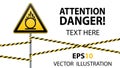 Caution oxidizer. Safety sign. Safety at work. Yellow triangle with black image, metal pillar, protective tapes