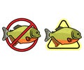 Caution piranha and swimming is prohibited, warning signs, logo design. Fish, animal, Amazon river and underwater life, vector des Royalty Free Stock Photo