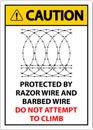 Caution Protected By Razor Wire and Barbed Wire, Do Not Climb Sign