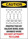 Caution Protected By Razor Wire and Barbed Wire, Do Not Climb Sign