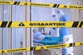 Caution on quarantine area sign in front of quarentine room with background of patient Royalty Free Stock Photo