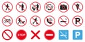 Caution Red Stop Circle Symbol Set. Forbidden Pictogram. Warning No Allowed Parking Sign. Attention Restriction Zone