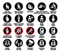 Caution round signs of kids, pregnant women, people with children. Child seat, lock, health, lifejacket symbols with warning Royalty Free Stock Photo