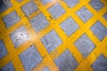 Caution sign,dangerous stripes,yellow path in parking garage area. Royalty Free Stock Photo