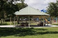 Caution Sign Barrier Surrounding a Pavilion with Picnic Tables