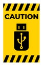 Caution Sign Featuring USB Symbol on Yellow Background with Black Stripes Royalty Free Stock Photo