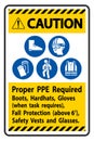 Caution Sign Proper PPE Required Boots, Hardhats, Gloves When Task Requires Fall Protection With PPE Symbols Royalty Free Stock Photo