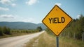 Caution sign YIELD at gravel road highway junction Royalty Free Stock Photo