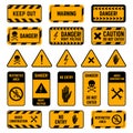Caution signs. Danger warning yellow and black tape, poison biohazard striped signs, high voltage security perimeter Royalty Free Stock Photo