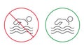 Caution Swim Zone Black Line Icon. Notice Forbidden Swimmer Pictogram. Permit Green Circle Symbol. Beach No Allowed