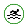 Caution Swim Zone Black Silhouette Icon. Notice Allowed Swimmer Pictogram. Permit Green Circle Symbol. Beach Allowed