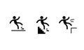 Caution symbols with stick figure man falling. Silhouette of a falling person. Wet floor, dripping on stairs, fall down from Royalty Free Stock Photo