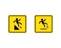 Caution symbols with stick figure man falling. Wet floor, tripping on stairs, fall down from ladder and over the egde. Vector on