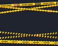 Caution tape on black background. Do not cross texted yellow crossed ribbons with light effect. Warning line in flat