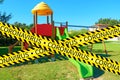 Caution tape closing children`s playground due to COVID-19 or Coronavirus security protection measures