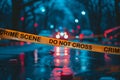 Caution tape emblazoned with CRIME SCENE DO NOT CROSS stretches across a wet street. Royalty Free Stock Photo