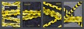 Caution tape posters. Set of banners with yellow danger tape and warning signs for party flyers. Vector placards with