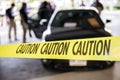 caution tape protect vehicle in crime scene investigation training course Royalty Free Stock Photo