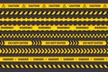 Caution tape set, yellow warning strips, danger symbol, arrows, yellow lines with black text and triangle sign Royalty Free Stock Photo