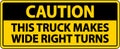 Caution Truck Makes Wide Right Turns Label Sign On White Background Royalty Free Stock Photo