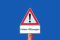 Caution warning sign hairdresser openings on blue background in german