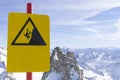 Caution warning sign in mountains ski resort - carefully down the cliff. Alpine Alps mountain landscape at Tirol, Top of