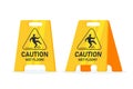 Caution wet floor, floor sign. Public warning yellow symbol. Slippery surface beware plastic board. Vector illustration Royalty Free Stock Photo