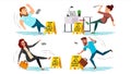 Caution wet floor sign vector. People slips on wet floor. situation in office. Danger sign. Clean Wet Floor. Isolated
