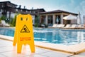 Caution wet floor warning sign near pool