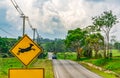 Caution ! wildlife crossing sign beside asphalt road near small hill and green grass field. Blue car of the tourist driving