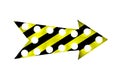 Caution yellow and black stripes painted over a vintage bright and colorful illuminated metallic display arrow sign with bulbs