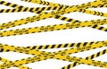 Caution yellow danger tapes poster. Police danger line, security area, crime barrier pattern, flat vector background illustration