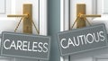 Cautious or careless as a choice in life - pictured as words careless, cautious on doors to show that careless and cautious are Royalty Free Stock Photo