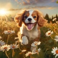 Cavalier King Charles Spaniel puppy running through a field of wildflowers in the golden hour by AI generated