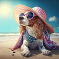 Cavalier king dog summer beach outfit. Summer cavalier king charles spaniel dog wearing hat and sunglasses attire. Royalty Free Stock Photo