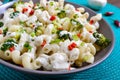 Cavatappi pasta with broccoli, red pepper and cream sauce in a bowl. Vegetarian dish. Delicious healthy food. Proper nutrition Royalty Free Stock Photo