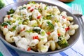 Cavatappi pasta with broccoli, red pepper and cream sauce in a bowl. Vegetarian dish. Delicious wholesome food. Proper nutrition Royalty Free Stock Photo