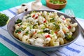 Cavatappi pasta with broccoli, red pepper and cream sauce in a bowl. Vegetarian dish. Delicious wholesome food. Proper nutrition Royalty Free Stock Photo