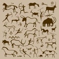 Cave art. Hand drawn primitive ancient symbols of prehistoric hunters animals plants and ornaments, history and