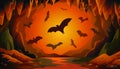 Cave with bats on sunset. Panoramic vector landscape with flying bats and red firelight. Vector illustration in flat