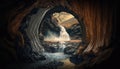 Cave and illuminated beautiful waterfall Generative AI