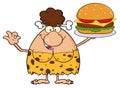 Cave Brunette Woman Cartoon Mascot Character Holding A Big Burger And Gesturing Ok.